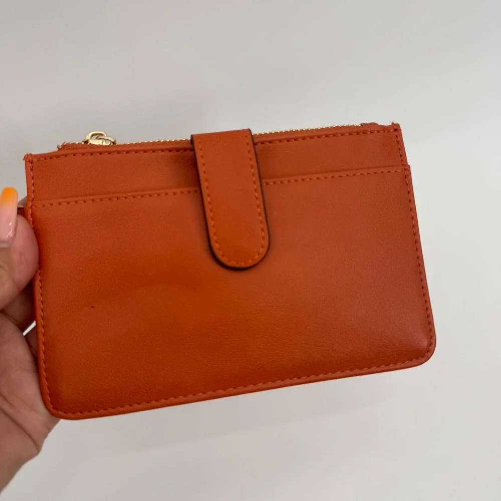Jen & Co Burnt Orange Vegan Leather Slim Zip Card Case Wallet Gold Hardware